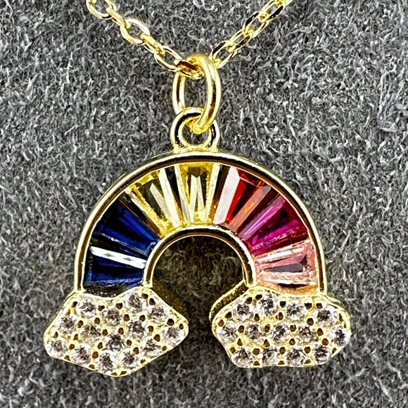 18K Gold Plated over 925 Sterling Silver Rainbow CZ Pendant Necklace - Picture 2 of 7